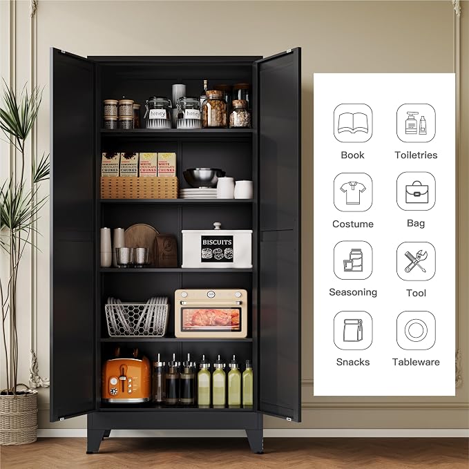 YAUWOH 71''Metal Cabinet with 4 Adjustable Shelves,5-Tier Pantry Storage Cabinet,Kitchen Pantry Cabinet for Living Room,Dining Room, (1PC,Black)