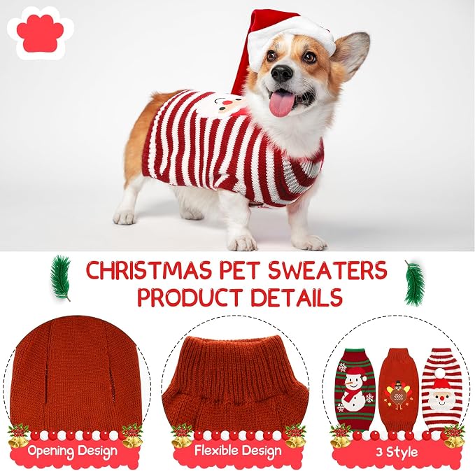 Sanwuta 3 Pcs Thanksgiving Christmas Dog Sweaters Sets, Medium | Turkey,Santa,Snowman Festive Design, Soft Smooth Knit Turtleneck, Warm Holiday Costume for Small Dog and Cat, Party Photoprop