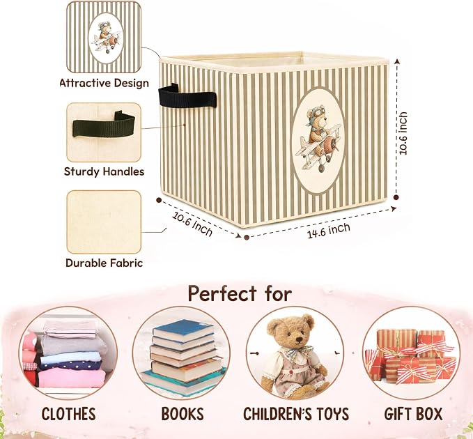 Airplane Bear Pilot Teddy Foldable Fabric Storage Bin | Pilot teddy bear stripe design; foldable fabric storage bin for kids room, nursery, playroom, toys, books, or clothes.
