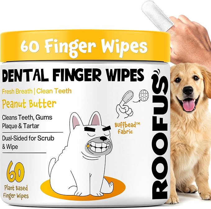 Dog Teeth Cleaning Wipes 60 Packs - Peanut Butter Dental Wipes to Reduce Plaque & Tartar for Dogs & Cats - Pet Dental Wipes for Oral Freshness