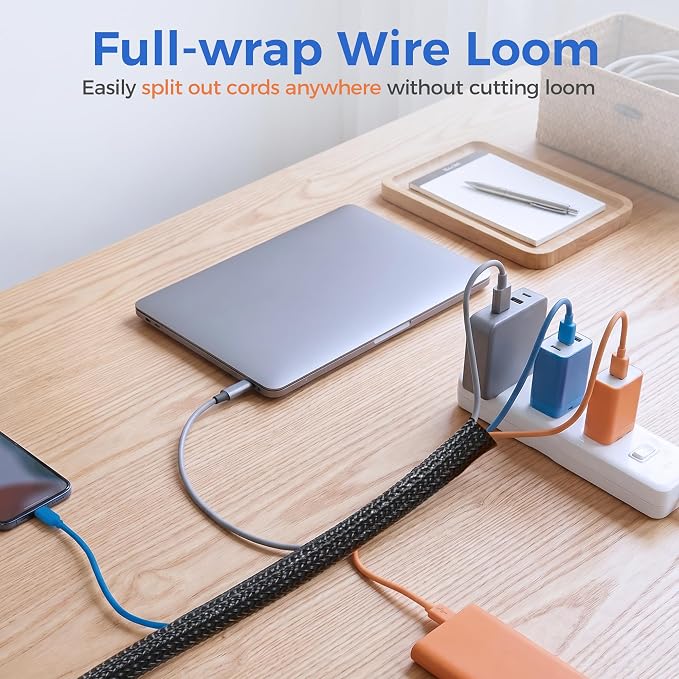 Delamu 10ft - 1/2 inch Cable Sleeve Cord Protector from Pets No Chew, Split-Braided PVC Wire Loom Tubing for Desk Computer USB TV Cord Organizer, Easy Set-up Cable Management Sleeve Kit, Black