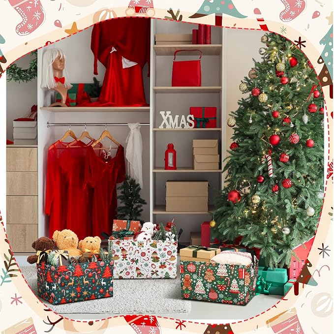4pcs Christmas Storage Basket Fabric Laundry Baskets with Handle Xmas Foldable Organizer Boxes for Office Home Baby Cloth Toy Book 15 x 10 x 8(Retro)