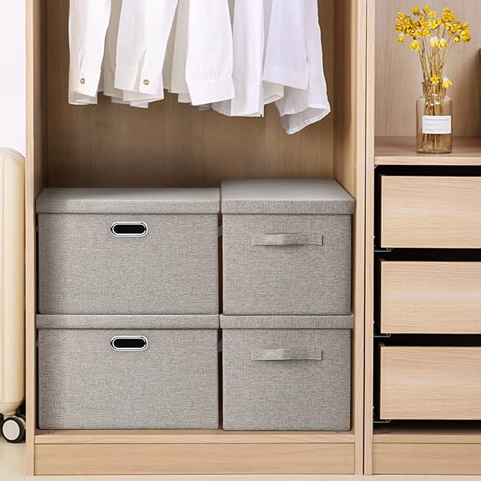 Graciadeco Large Quart Collapsible Stackable Storage Bins with Lids, 3 Packs Beige Linen Fabric Closet Boxes with Lids, Storage Cube Baskets Container Organizers for Bedroom Office(16.6 x 11.7 x 10.8) | 36 Quart 3 Pack Beige Collapsible Stackable Linen...