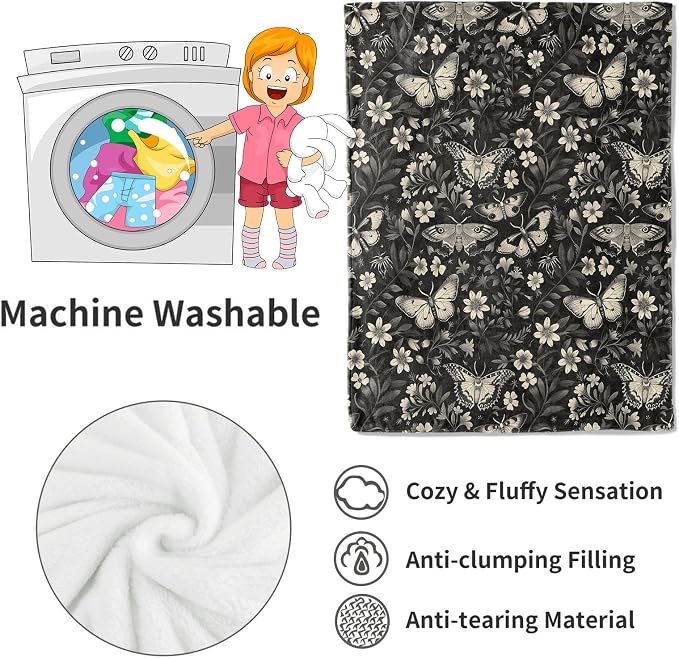 Vintage Moth Blanket Classic Black White Goth Floral Flower Throw Blankets Gifts for Men Women Lightweight Soft Fleece Cozy for Sofa Couch Bed Room Travel Birthday Party Decor 40x50in