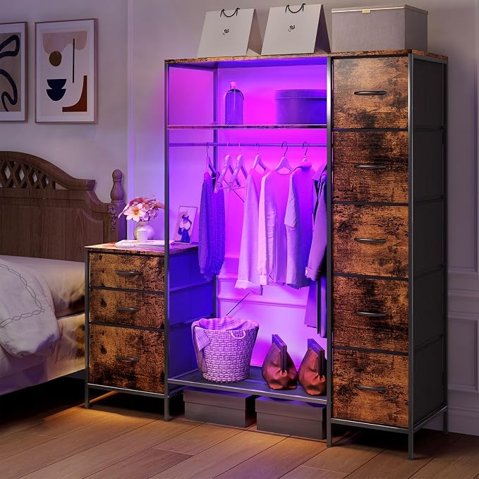 Clothes Rack with 8 Drawers, 4 Shelves & LED, 55" W×57" H Dresser with Hanging Rack, Portable Garment Rack, Freestanding Wardrobe Closet Organizer System for Bedroom, Small Space