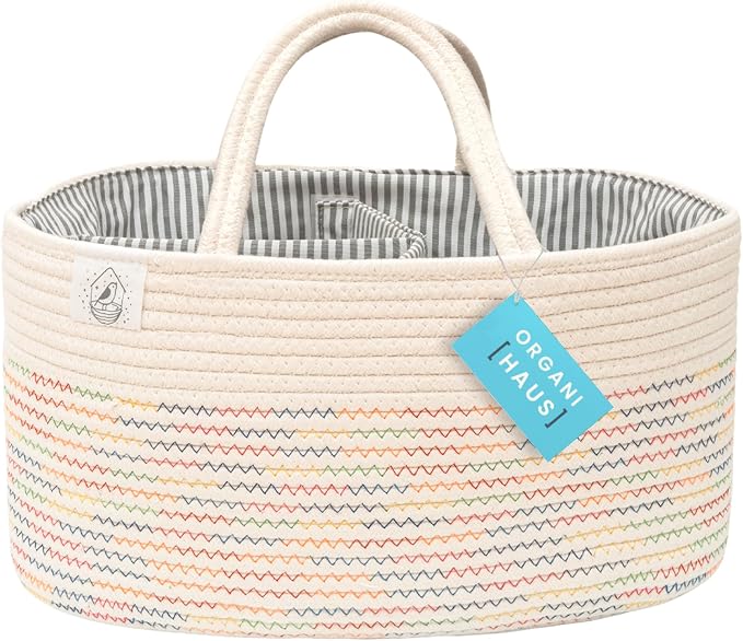 OrganiHaus Rope Diaper Caddy Organizer, Nursery Basket, Stitches Rainbow | Woven handles; a toy bin, laundry bin, or newborn essentials storage; great for car, baby shower gifts, or bedroom decor