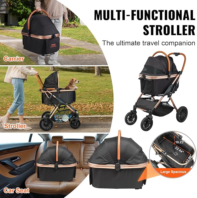 VEVOR Large Pet Stroller for Medium Large Dogs and Cats, Up to 66lbs, Detachable Carrier and Storage Basket