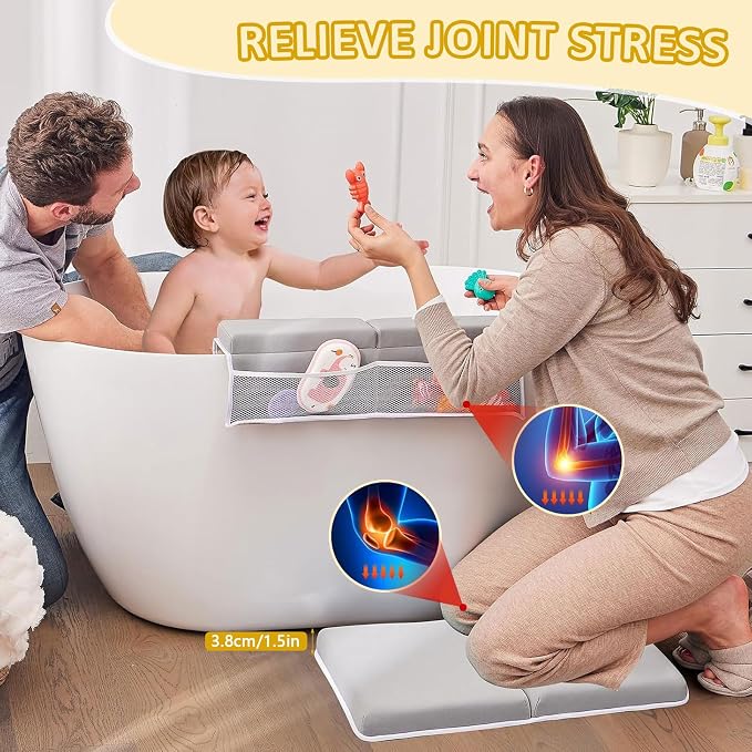 Baby Bath Kneeler and Elbow Rest Pad Set - 22'' Extra Long Quick Dry Kneeling Pad for Bathing Baby with Knee & Arm Support, Foldable Non-Slip Bathtub Mat with Toys Organizer