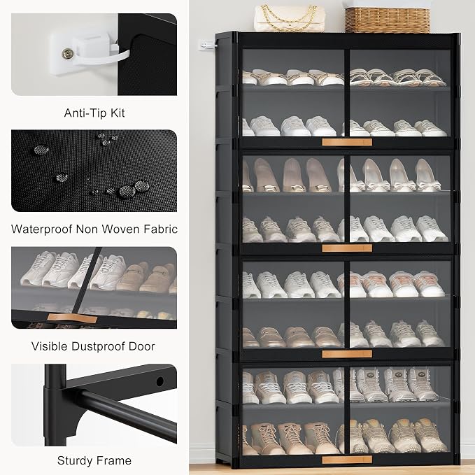 9 Tier Shoe Cabinet with Doors, 36-Pair Storage, Black | Max Capacity for Large Families, Transparent Doors for Fast Shoe Selection, Customize Layers for Boots Heels