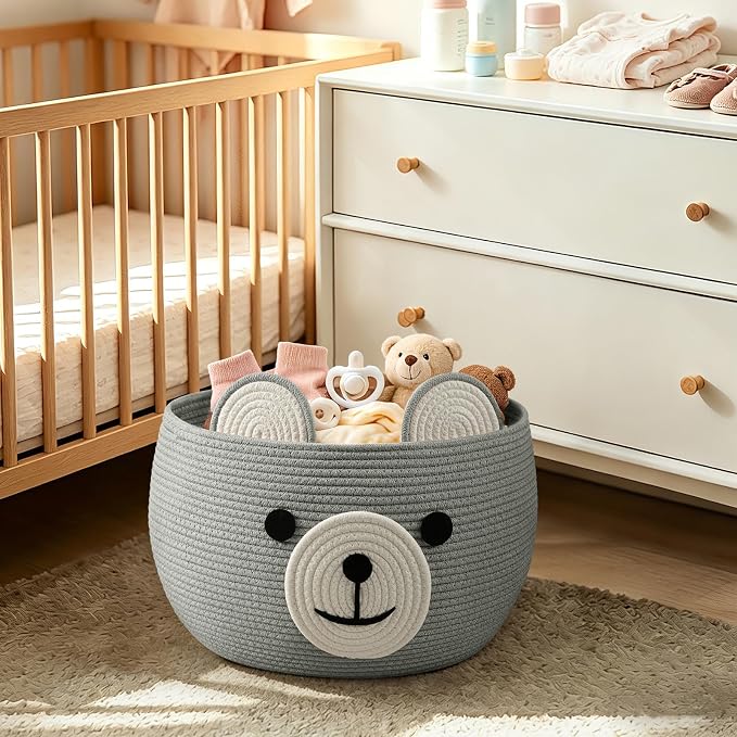 CherryNow Large Baby Basket for Gifts Empty, Cute Bear Design, Light Grey | 15.7" x 10.5" Baby Shower Basket for Kids Boys Newborn Storage, Woven Rope Toy Basket, Fits Living Room Nursery Décor