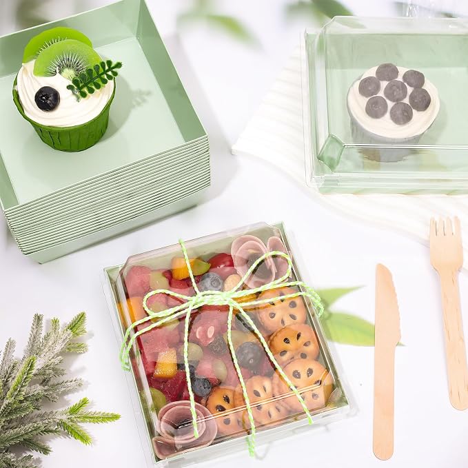 Whaline 50 Set Green Charcuterie Boxes with Clear Lids Forks Knives 4.7 x 4.3 In Clear Mini Dessert Disposable Food Containers Cake Take out Bakery Boxes for Wedding Birthday Sandwich Cookies Sushi