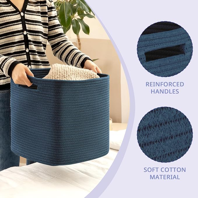 OIAHOMY 2 PACK Cube Storage Bin 13 Inch Collapsible Storage Cube Blue | Cube Storage Organizer Storage Bins for Shelves Baskets for Organizing Woven Rope Storage Baskets