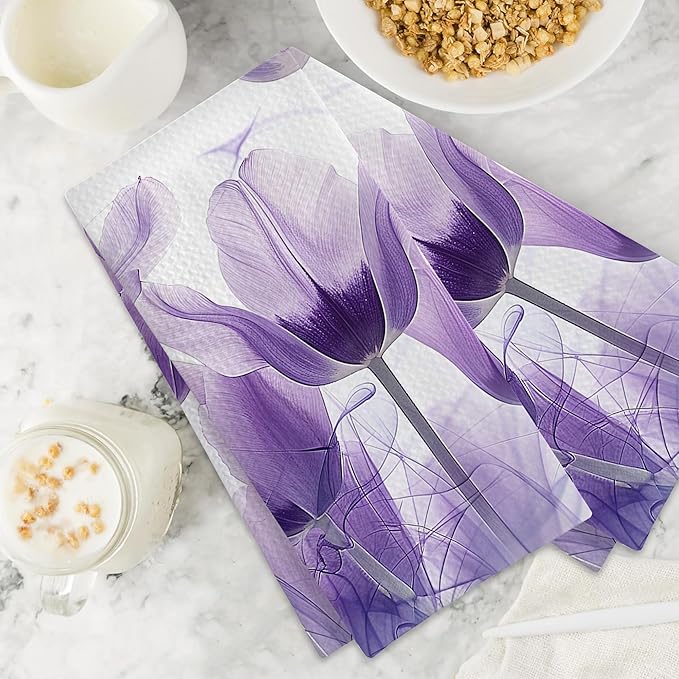 Purple Tulips Butterfly Floral Hand Towels,Set of 2 Absorbent Bath Towel Kitchen Dish Towel Home Gym Hotel Bathroom Decor,16x24 Inches