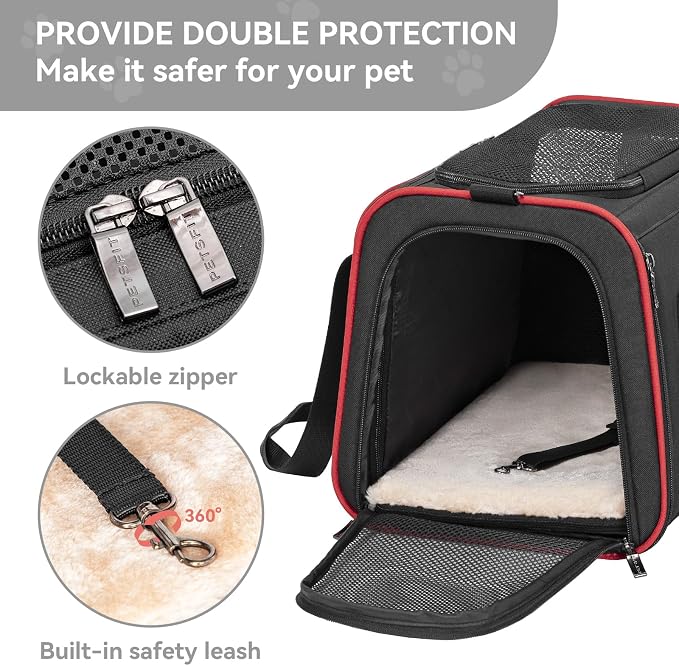 Petsfit Large Expandable Cat Carrier for Travel, Up to 18 lb | 19 x 12 x 12 in; roomy expandable space with a reinforced frame, locking zippers, interior safety tether and large pocket.