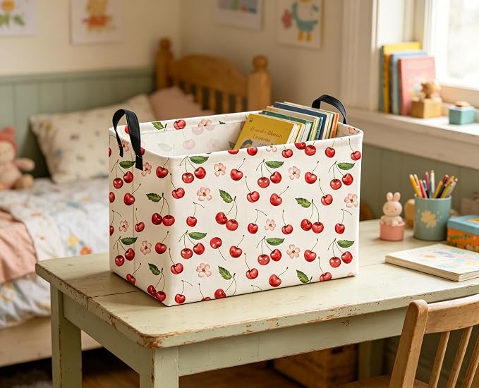 Sanjiaofeng Rectangular Kids Baskets,Pink Cherry Storage Bin,Kids Storage Bins,Collapsible Storage Bin Cute Organizer Box Books Box,Gift Basket,Girl Room Decor(Cherry)