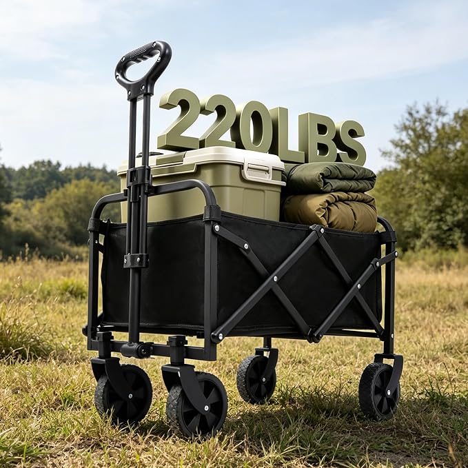 REDCAMP Collapsible Wagon with Wheels, 220lbs Foldable Wagon Cart | Portable Utility Wagon Cart with All Terrain Wheels for Outdoor, Sports, Shopping, Pet, Grocery, Beach, Camping, Black