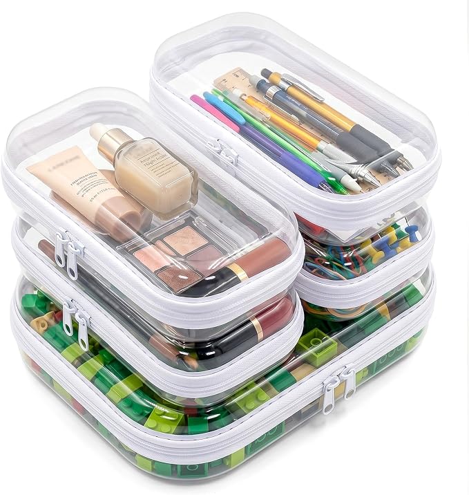 Clear Hard Shell Zipper Cases (5 Packs), Plastic Hard Sided Zippers Pouches Clear Hardshell Pencil Case For Storage, Diaper Bag Organizer Bliss Bins 4*Small/1*Medium