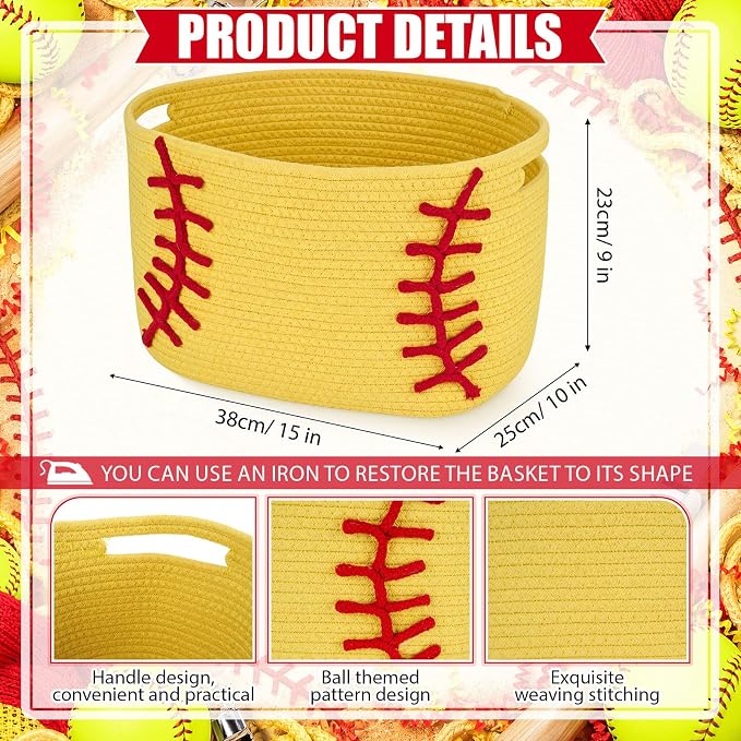 RattanView Softball Cotton Rope Basket, Brown Woven Storage with White Stitch Pattern, 15 x 9 x 10 in, Empty Softball Gift Organizer for Books, Room and Sports Decor
