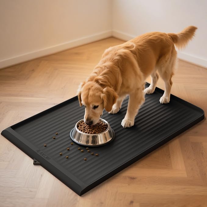 Dog Food Mat 36"x24", Waterproof Dog Bowl Mat, Black | Raised Edges Prevent Spills, Diversion Grooves, Waterproof Surface, Non-slip Backing, Easy to Clean