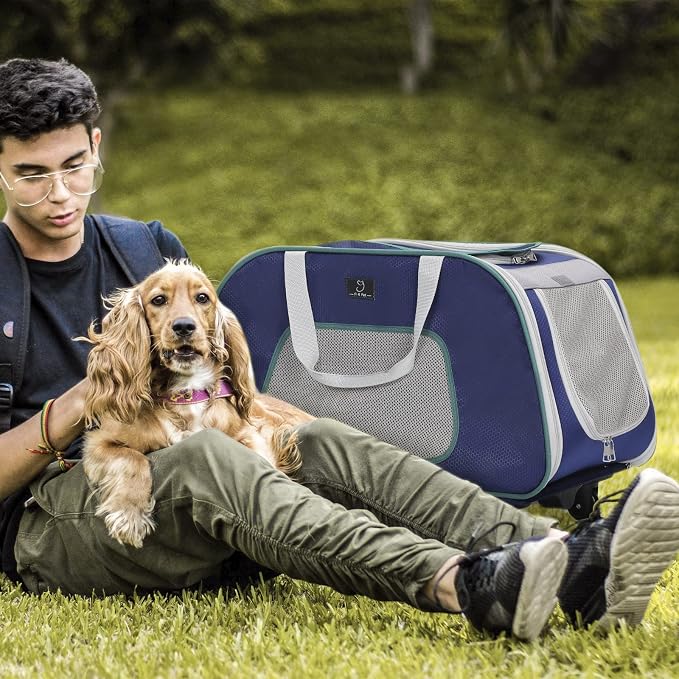 A 4 Pet Foldable Dog Carrier on Wheels, Up to 33 lbs, Navy Blue | Removable base, extendable handle, 4-wheel design, mesh ventilation, safety rope