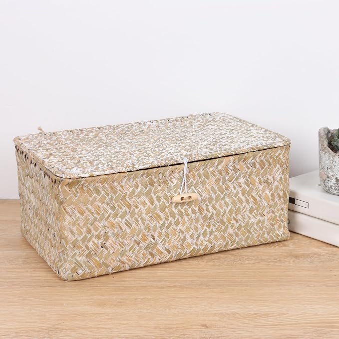 FEIALNDUO Wicker Shelf Baskets with Lid,Seagrass Storage Basket Bins Rectangular Handwoven Basket Boxes for Shelves Desktop Home Organizer (Whitewash, Medium)