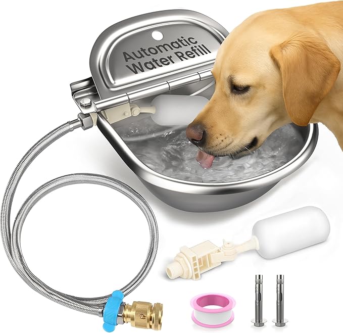 Automatic Animal Drinking Water Bowl with 2 Float Valves-304 Stainless Steel Automatic Water Dispenser for Dogs & Farm Animals, Auto-Refill, Leakproof Drain Hole, Extra Long 100cm Hose
