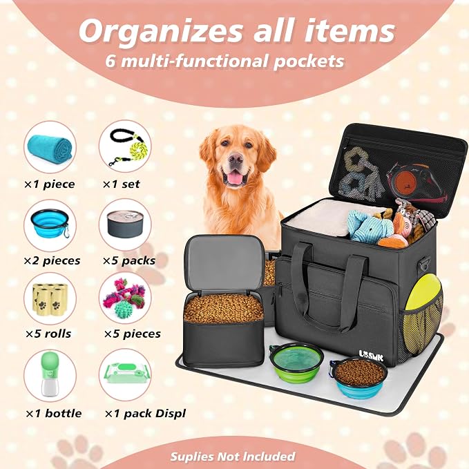 Dog Travel Bag, Large Pet Travel Set with Multi-Function Pockets | 2 Food Storage Containers, 2 Collapsible Bowls, 1 Feeding Mat for Pet Supplies, Road Trip Essentials, Weekend Camping, Black