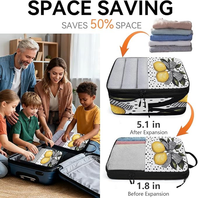 Lemon 6 Set Compression Packing Cubes Cute Fruit Expandable Packing Organizer for Travel Accessories Luggage Suitcase Bag