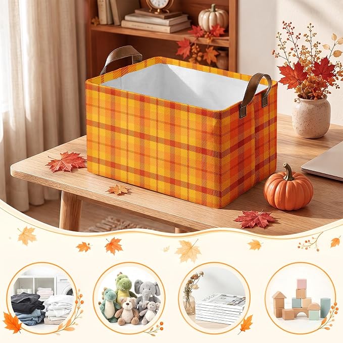 Britimes Fall Storage Baskets for Gifts, Fall Toy Storage Bins Box, 3 Pcs | Thanksgiving Autumn Orange Canvas Collapsible Baskets Organizer with Handles Nursery Decor Laundry Basket for Shelves Closet