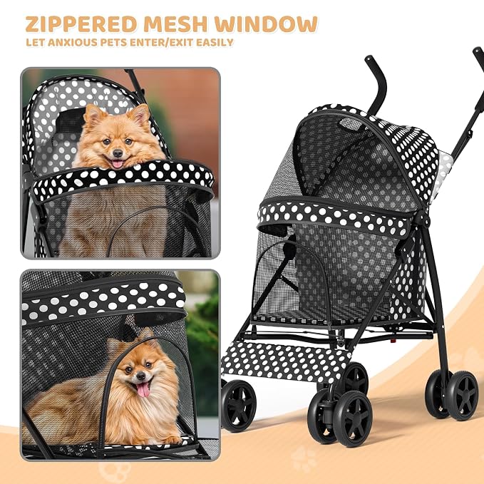Magshion Compact Fold Pet Travel Stroller for Small Dogs Cats | Up to 22lbs, 4-Wheel Lightweight Umbrella Shaped Design, Safety Tethers, Breathable Mesh, Cup Holder & Rear Storage