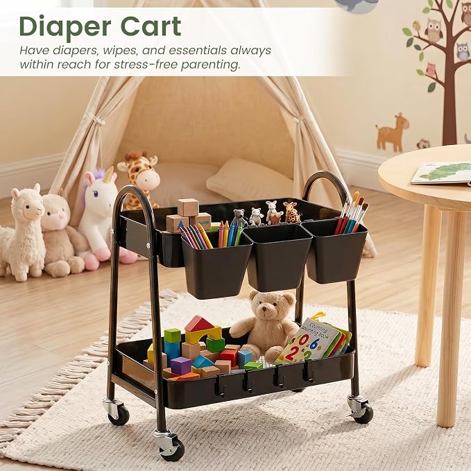 danpinera 2-Tier Rolling Cart, Utility Cart Mobile Metal Rolling Storage Cart with Lockable Wheels & Hanging Cups & Hooks for Kitchen, Bathroom, Office, Workshop, Purple