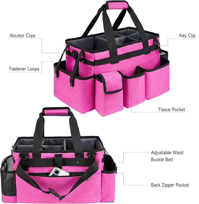 Cleaning Caddy Bag,Large Cleaning Supplies Organizer with Handle for Housekeepers,Rose Red