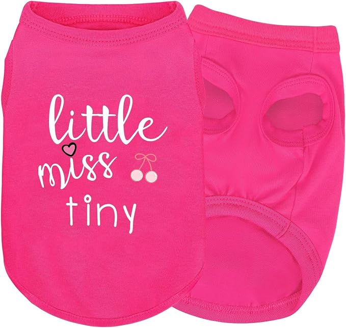 Pink Cotton Dog Shirt with 'Little Miss Tiny' Print, Soft & Breathable Pet Apparel for Small to Large Dogs, All-Season Sleeveless Vest, Cute and Comfortable Dog Outfit.Pink Cherryl