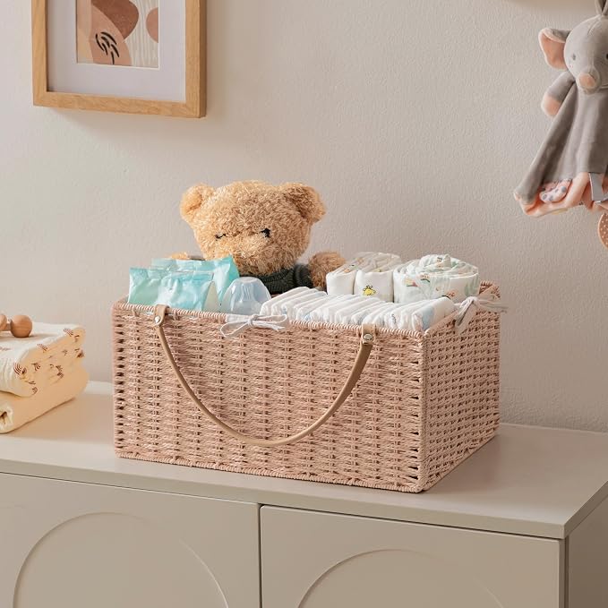 HBlife Large Baby Diaper Caddy Organizer Pink, Paper Rope Storage Baskets Nursery Bin with Removable Divider, Portable Car Organizer for Diapers, Baby Shower Gifts, Newborn Essentials Must Haves