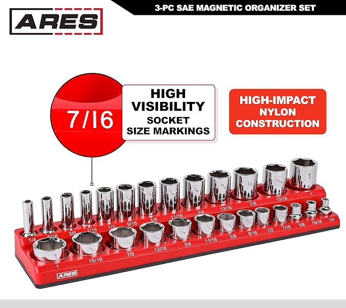 ARES 60035 3-Pc 1/4,3/8,1/2-In Red/Green SAE Magnetic Socket Organizer | Part No. 60035; RED -Includes 1/4 in, 3/8 in, 1/2 in Socket Holders