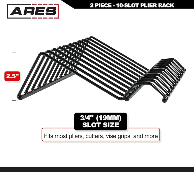 ARES 62004 2-Pc Black 10-Slot Plier Rack Set - Tool Drawer Organizer | 3/4-In Slots Fit Most Pliers; PVC Coating Prevents Slippage