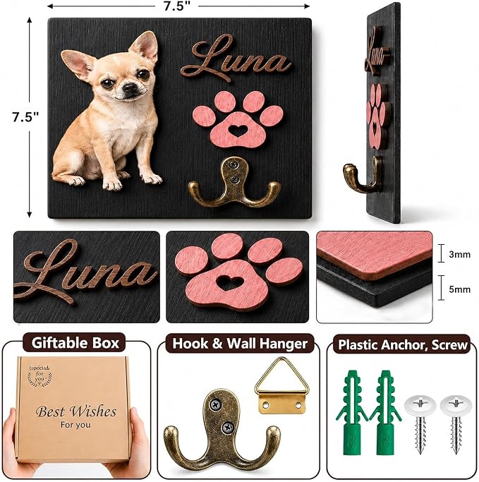 Personalized Dog Key Hook for Wall Mount with Custom Portrait & Name, Paw Print Wooden Wall Organizer, Pet Collar and Harness Holder, Key and Leash Rack for Entryway, Home Decor for Pet Lovers