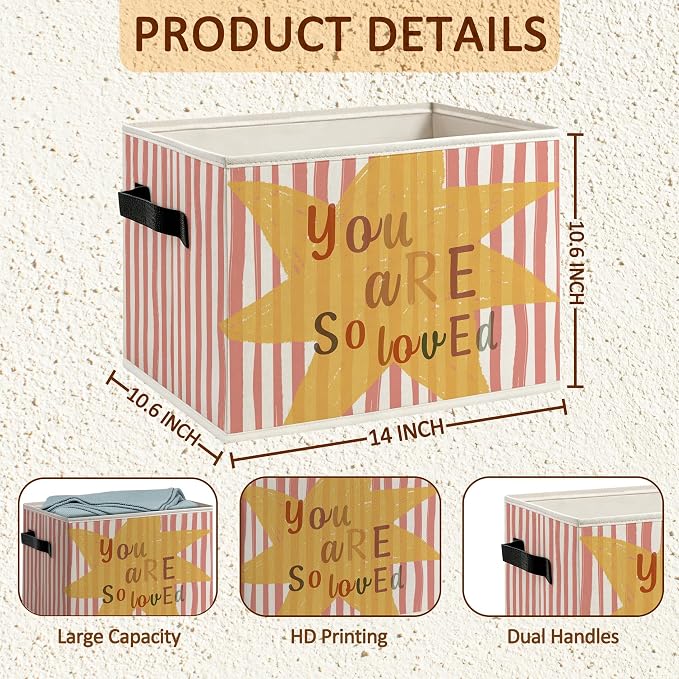 Kids Nursery Foldable Storage Bins Box with Handles, Kids Bedroom Decor, You Are So Loved Pink Striped Decorative Storage Boxes Baskets Toybox Organizer for Nursery Room Classroom