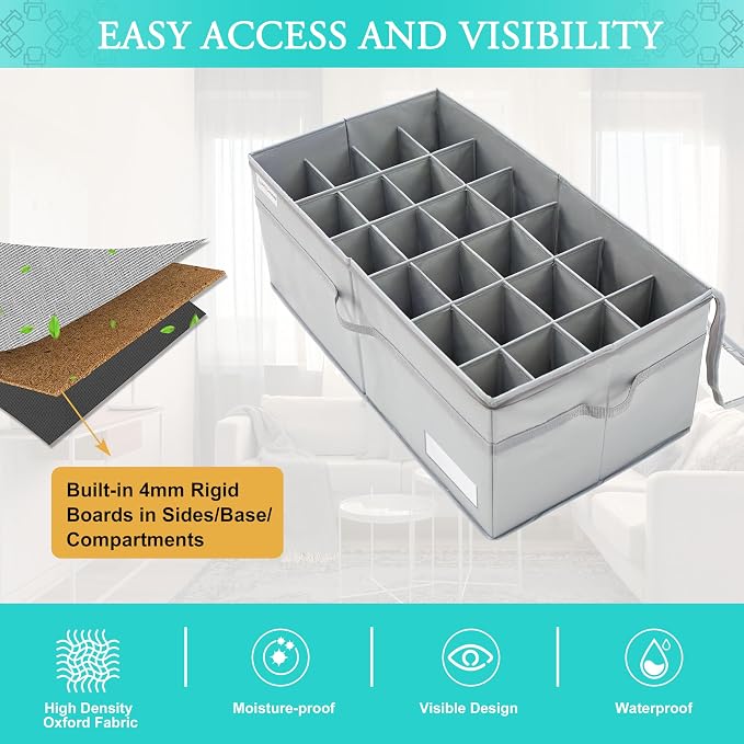 LUVHOMEE Shoe Organizer for Closet, Fits 24 Pairs, Large Shoe Box Storage Containers, Clear Foldable Shoe Storage Bins w/Bottom Support, Space Saving Closet Shoes Holder w/Reinforced Handles, Gray