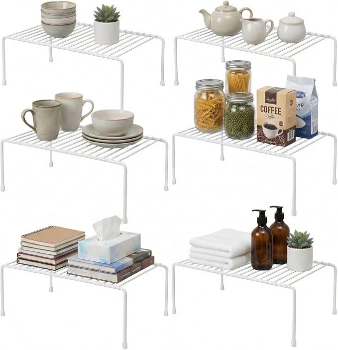 Evelots Wire Shelf Organizer Set, Metal Cabinet Shelf Risers, 6-Pack, White | 6-Pack rustproof metal wire shelf organizers create extra storage space in kitchen cabinets, pantries, freezers and bathrooms