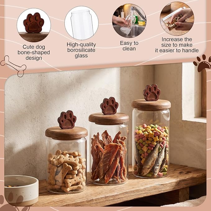 3 Pcs Glass Dog Treat Container, Cookie Jar with Wooden Lid, Paw | 3 Sizes, Airtight Pet Treat Storage Container, for Kitchen Counter, Treats Canister, Doggie Cookie, Pets
