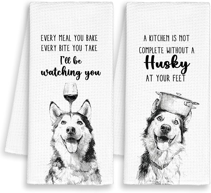 Funny Dog Husky Kitchen Towels Set of 2, Cute Dish Towel Gifts for Dog Lovers Mom Christmas, Every Meal You Bake Hand Towels Decor for Bathroom, Rustic Tea Bar Towel for Dining Room 16x24in