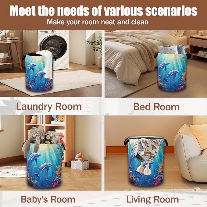 Dolphin Ocean Floating Laundry Basket,Waterproof Foldable Laundry Hamper,Dirty Clothes Basket, Linen Bin Storage Organizer Collection 16" x 20.8"