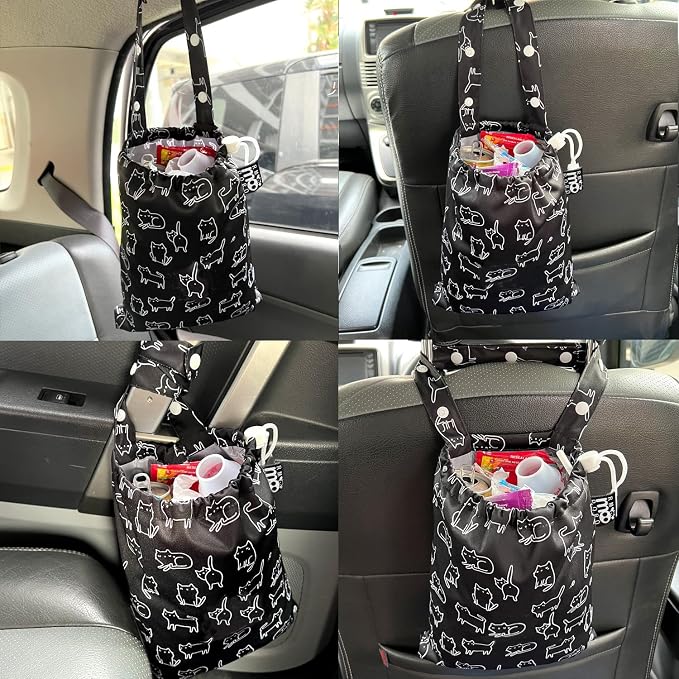 Waterproof Car Trash Bag Reusable Portable Garbage Can with Drawstring Top Adjustable Hanging Strap Leakproof & Washable for Cars SUVs & Trucks (Black Cats)