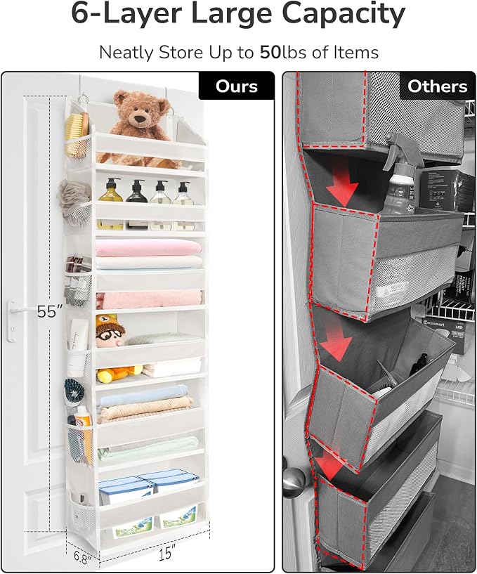 ULG Over The Door Organizer with 6 Large Pockets 12 Side Pockets, 50lbs Weight Capacity Door Hanging Organizer for Bedroom, Bathroom, Pantry, Nursery Storage, Beige (Pack of 3)