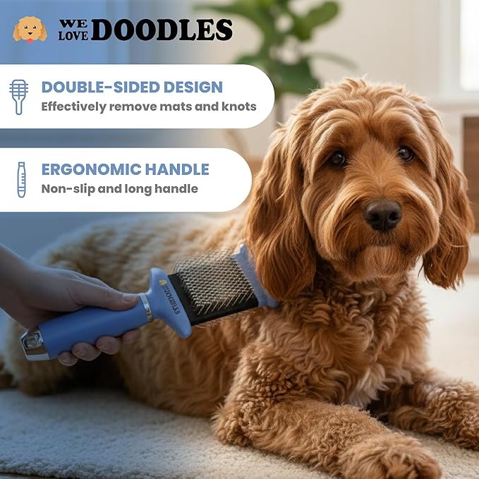 Double-Sided Slicker Brush for Dogs, Dematting & Deshedding Dog Brush, Dog Grooming Supplies, Long Pin Detangler for All Hair Pets, Poodles, Doodles, & Goldendoodles (Small)