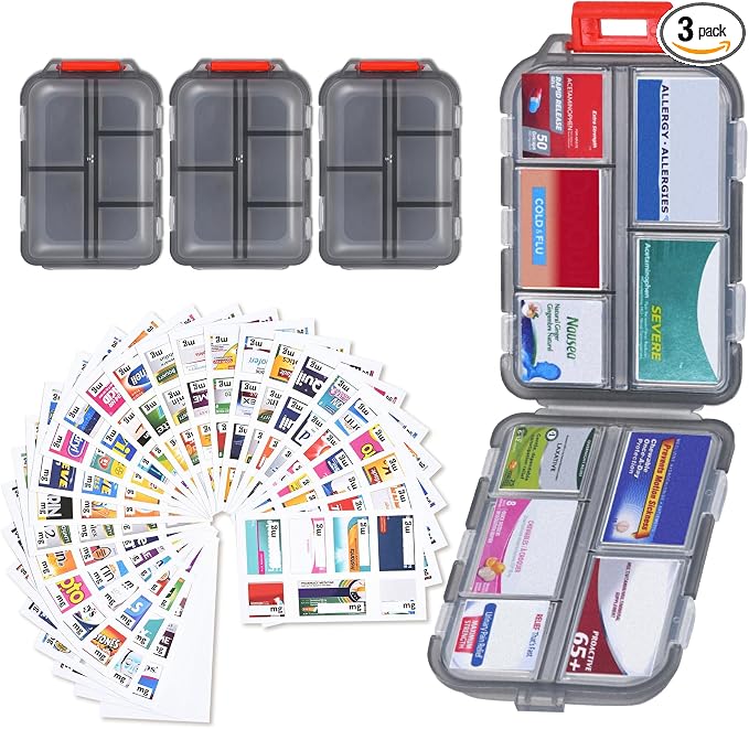 Travel Pill Organizer, 10 Compartments Small Portable Pill Case with 189 Medicine Labels, Compact Medicine Storage Box for Purse, Pocket, Airplane, Travel, Nurse Daily Use 3 Pack