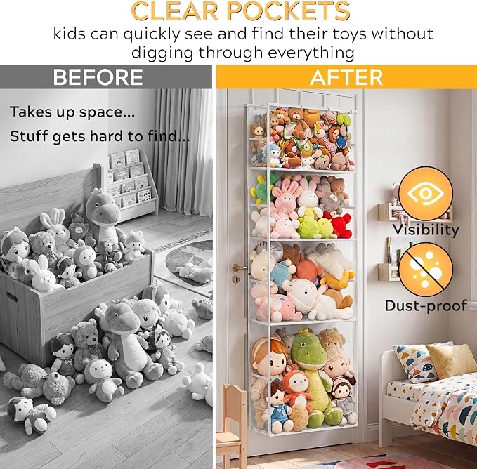 Over the Door Stuffed Animal Storage with Clear Dust Cover | 4 Tier Extra Large Hanging Toy Organizer for Plush Toys, Nursery Bedroom and Kids Room Storage