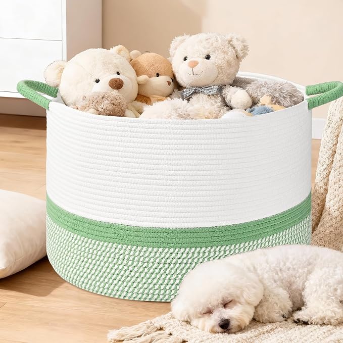 67L Large Blanket Basket, 20"x13" Blanket Basket Living Room, Woven Baskets With Handle, Toy Baskets for Blankets, Nursery, Dog, Pillow, Gift (White & Green)
