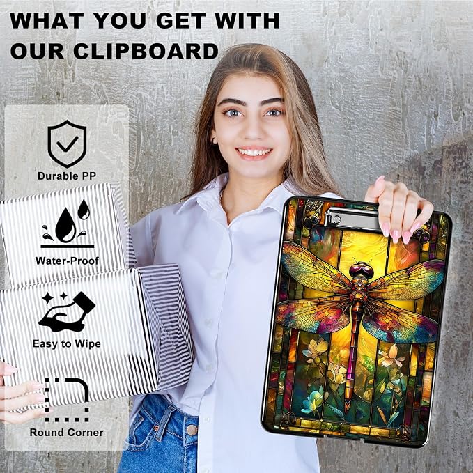 Heavy Duty Storage Clipboard, Slim Nursing Clipboard with Internal Pen Case, Portable File Organizer Case for A4 Letter Size Paper Office Medical Professionals, Retro Dragonfly